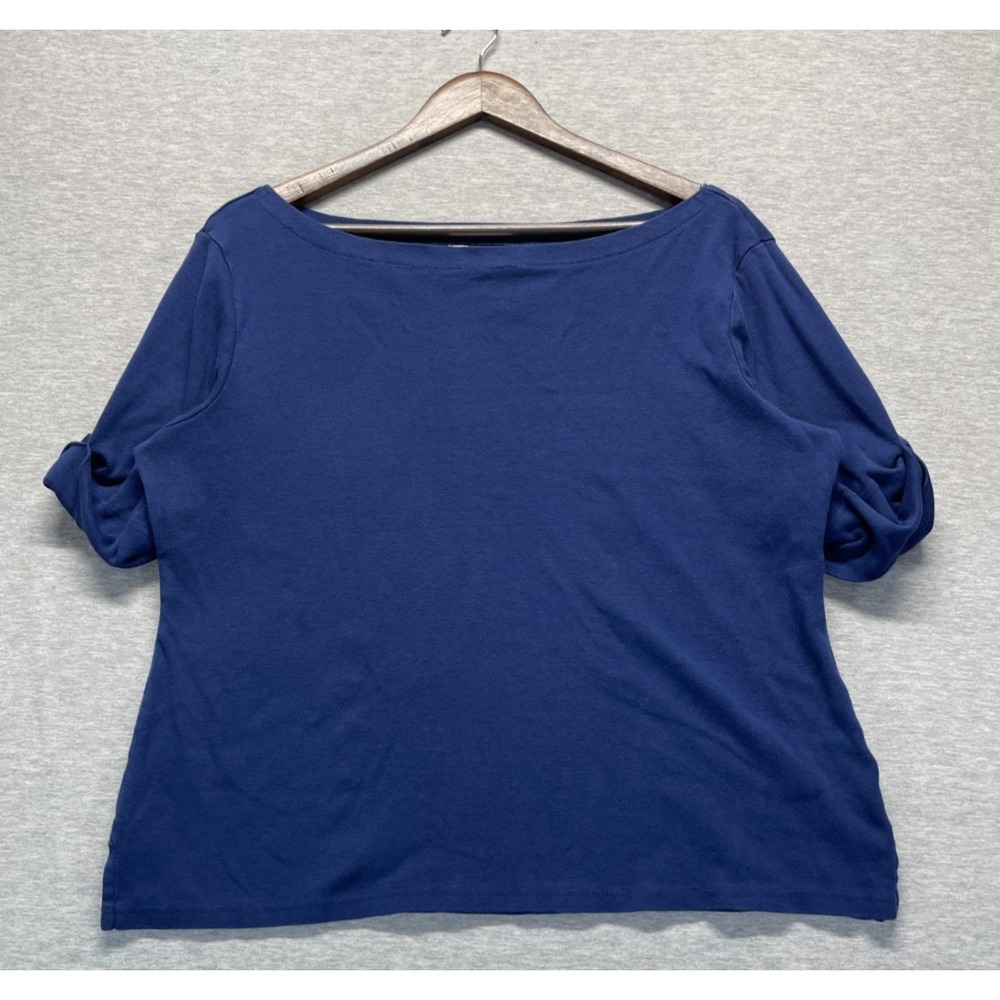Rebecca Malone T-Shirt Top Womens XL Blue Cotton Rolled Cuffed Sleeve Boat Neck